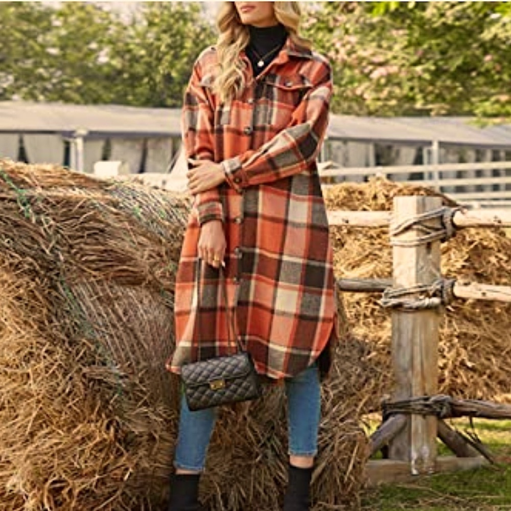 Cozy Autumn Orange Plaid Longline Flannel Fleece Button Down Duster Shirt Jacket